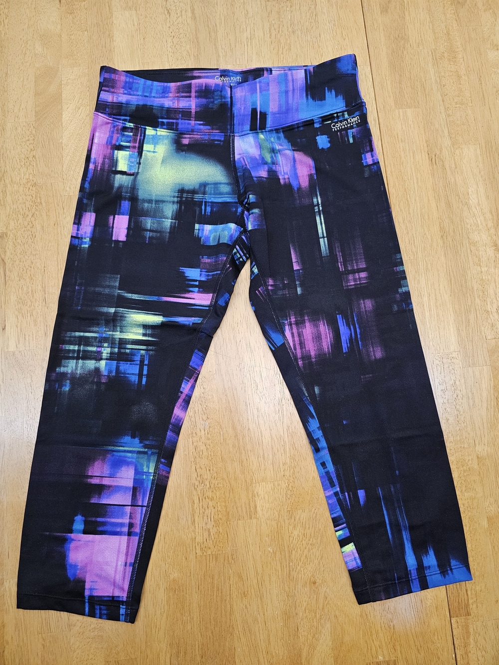 Calvin Klein Performance Black Capri Leggings with Purple & Blue Abstract Print